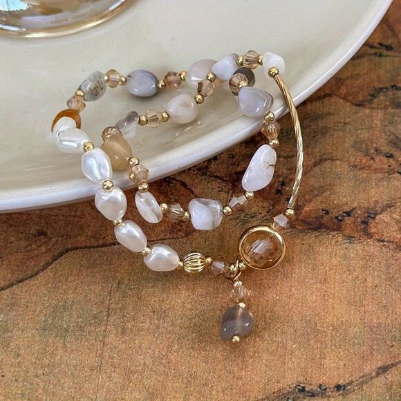 Gemstone & Freshwater Pearl Beaded Charm Bracelet Vintage Elegant Layered Style - Picture 6 of 8